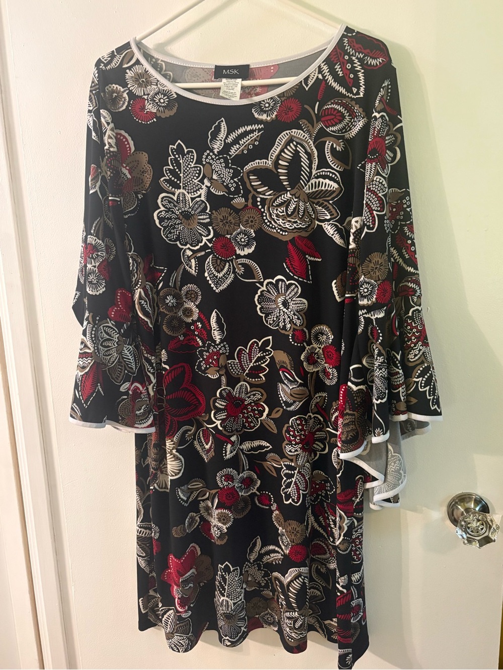 MSK Black Floral Bell-Sleeve Tunic Dress with Red and Cream Accents